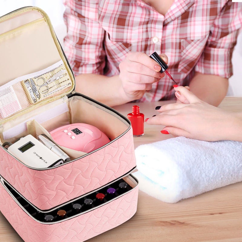 DreamGenius Nail Polish Organizer Case Holds 42 Bottles (15ml/0.5 fl.oz)  Double-Layer Nail polish storage with Adjustable Dividers  Portable Nail Polish Bag for Nail Gel Nail Lamp and Manicure Tools  Pink - Image 5